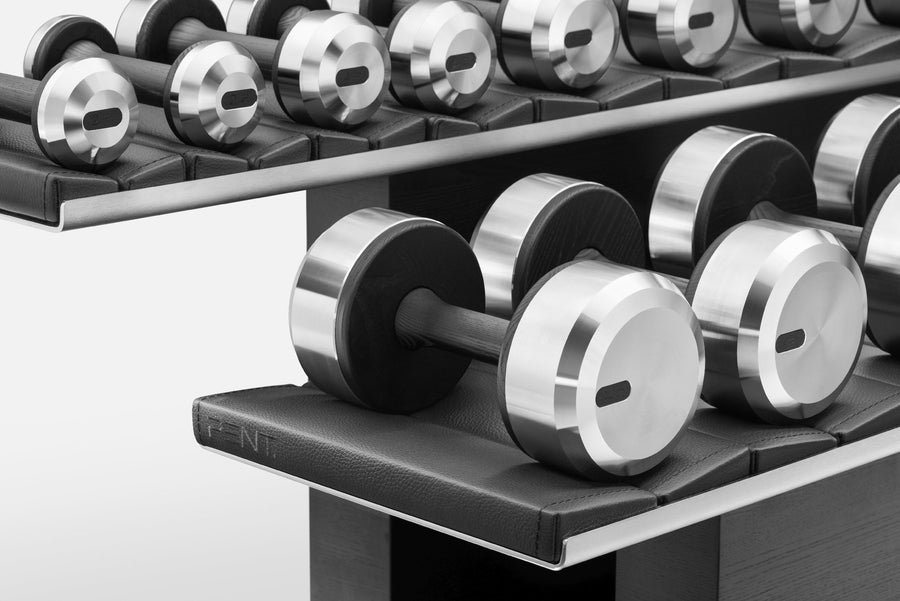 black wood and steel dumbbells set